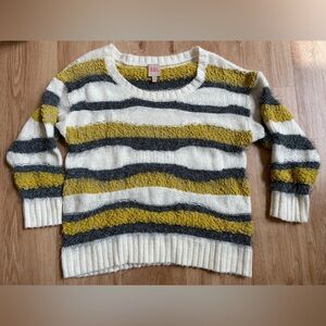 RBL Striped Fuzzy Knit Sweater cream gray yellow medium